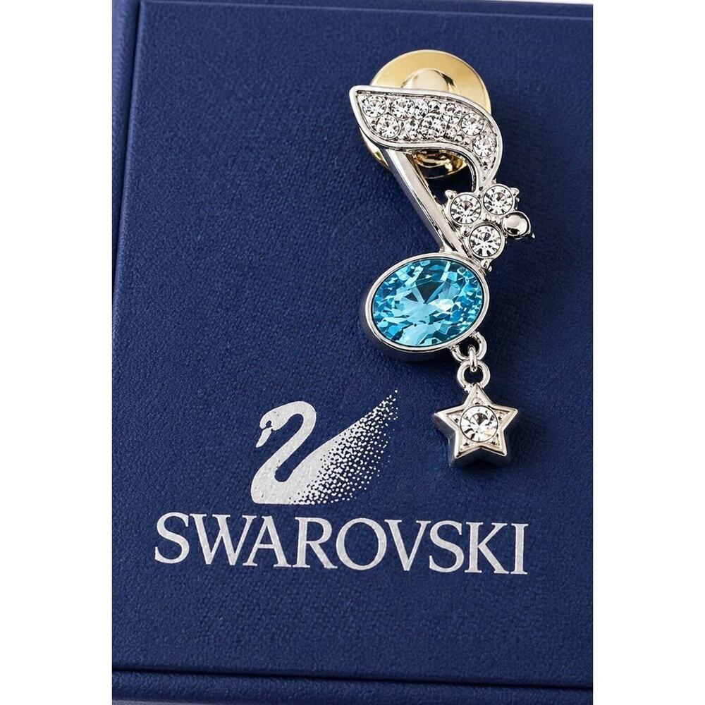 Swarovski Crystal Treble Clef Tie Tack Blue Rhinestone Star Pin Music Note New